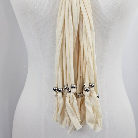 Cream Silver Ring Fringe Trimmed Adjustable Fashion Scarf NWOT - Picture 4 of 5